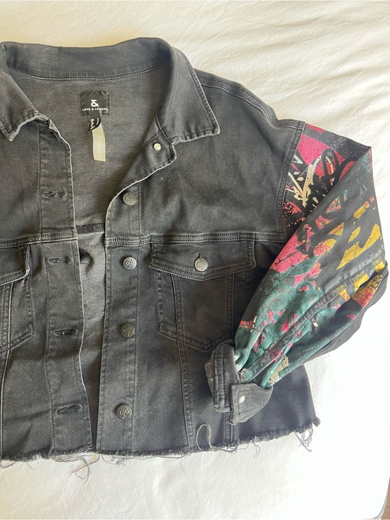 Love & Legend Jackets & Blazers - Love & Legend Black Cropped Denim Jacket with Colorful Graphic Sleeve